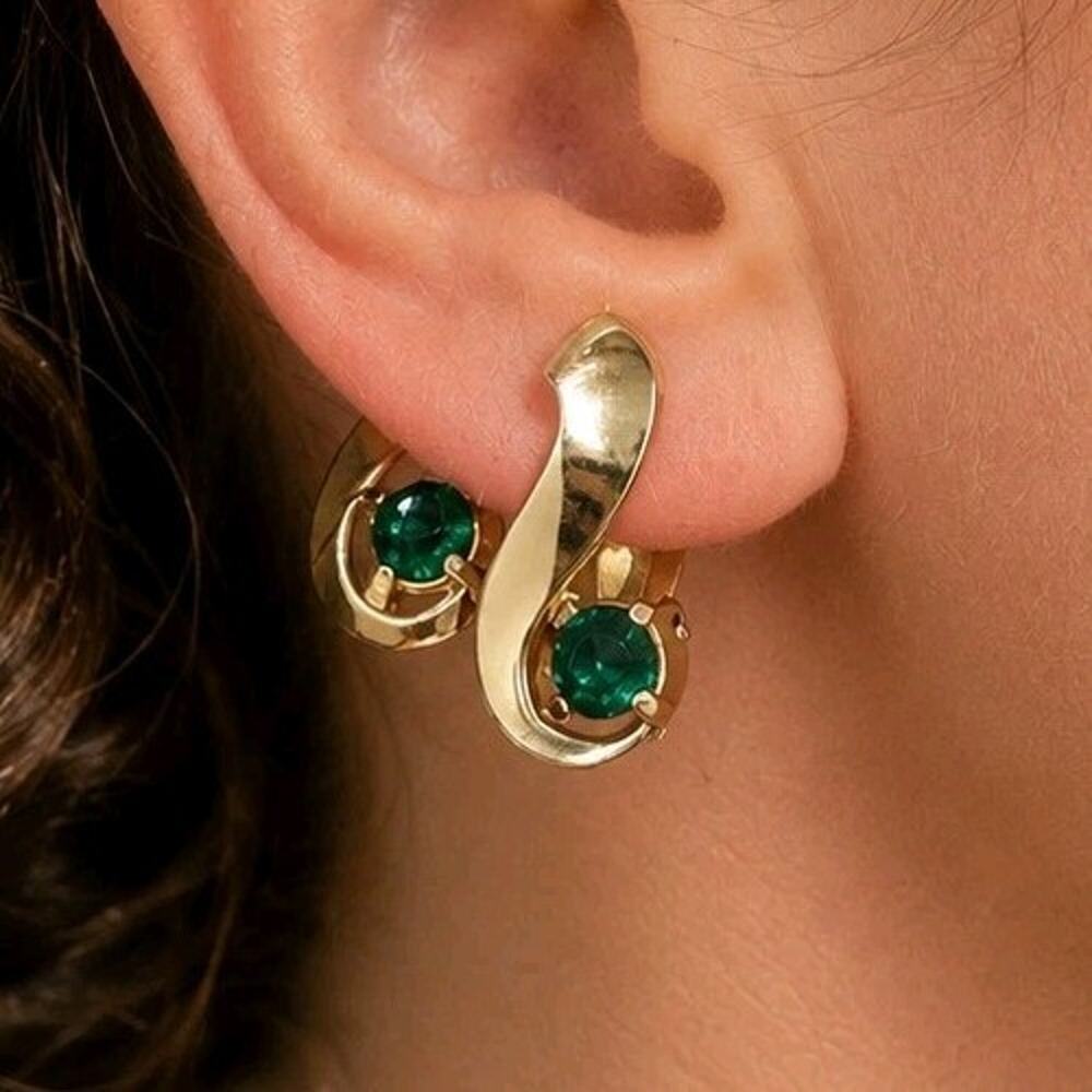 Vintage Mazer Gold Tone Green Rhinestone Earrings Front And Back Clip On Quality